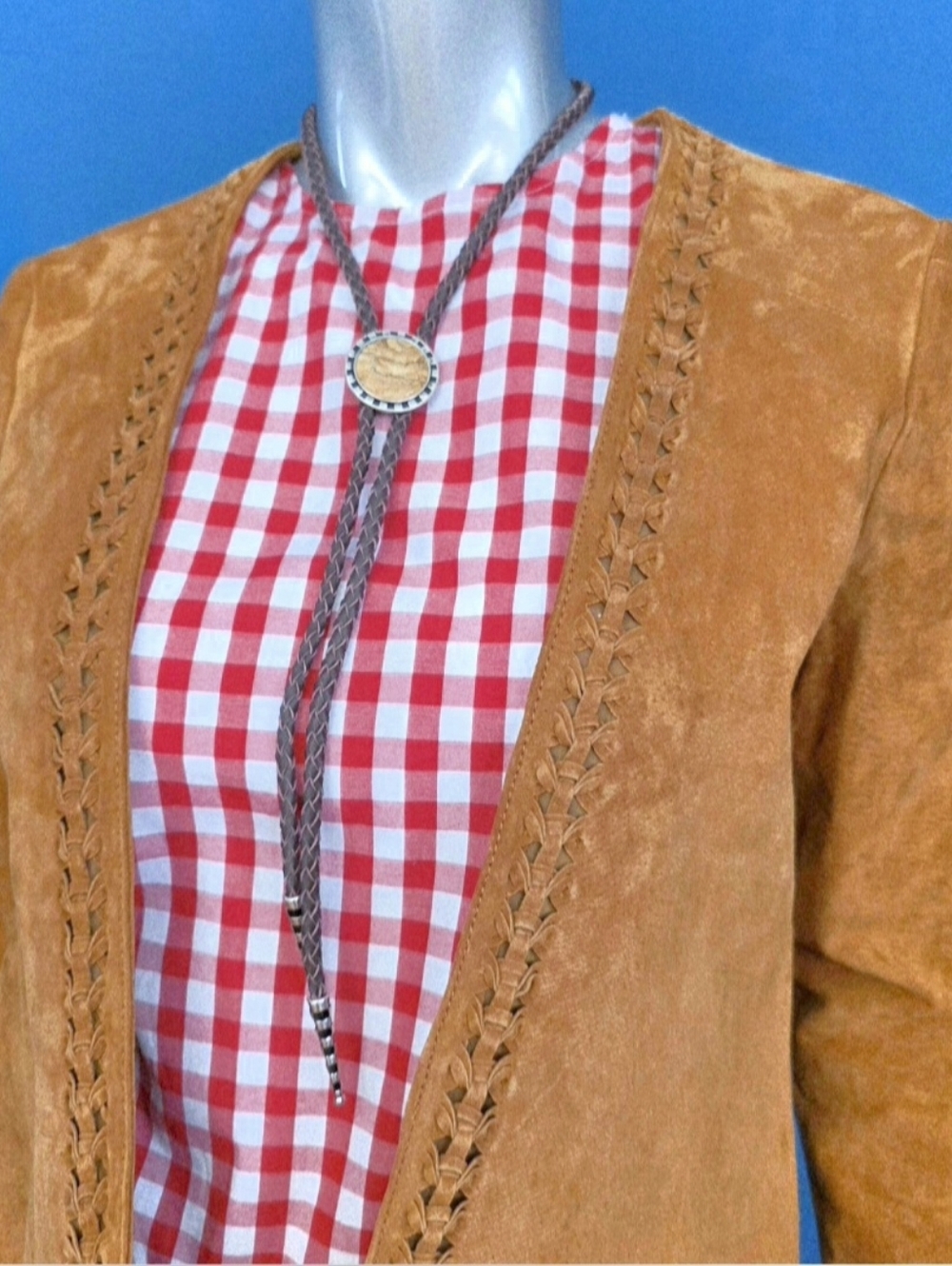 🆕️🤠🐎MANGO Genuine Leather Trena Suede Jacket Collarless w/ Suede Braiding NWT - Picture 7 of 16